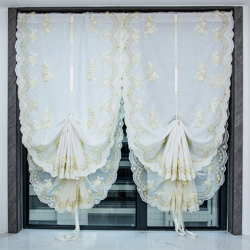 钉珠贴花美式短门帘半帘 气球帘提拉帘窗帘纱帘飘窗U罗马帘升降窗