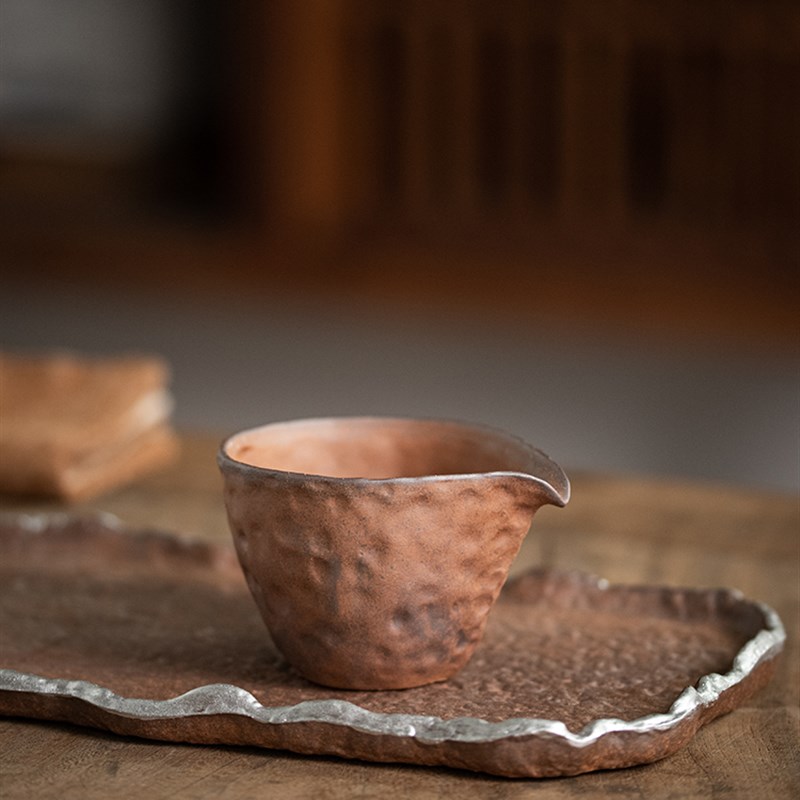 复古无釉粗陶公杯 锤纹分茶杯公道杯分L茶器老岩泥茶海陶瓷匀杯