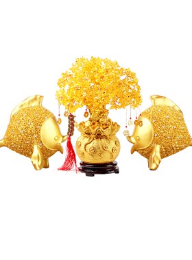 发财树摆件家居客厅酒柜电视柜新中式金鱼桌面装饰V品乔迁新居送