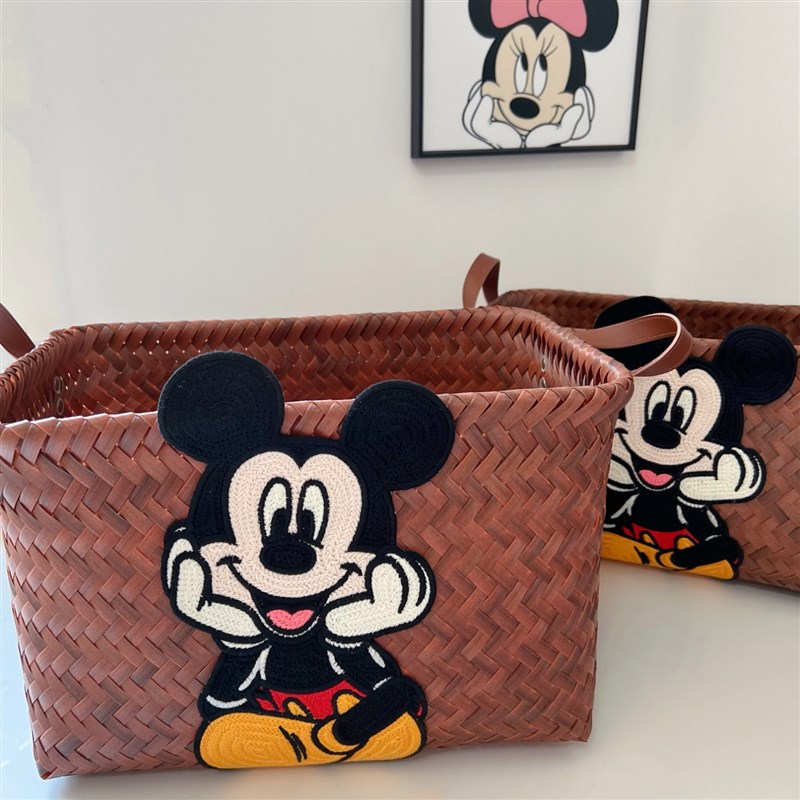 藤编刺绣卡通收纳框子手工v编织收纳箱复古桌面收纳盒杂物玩具整