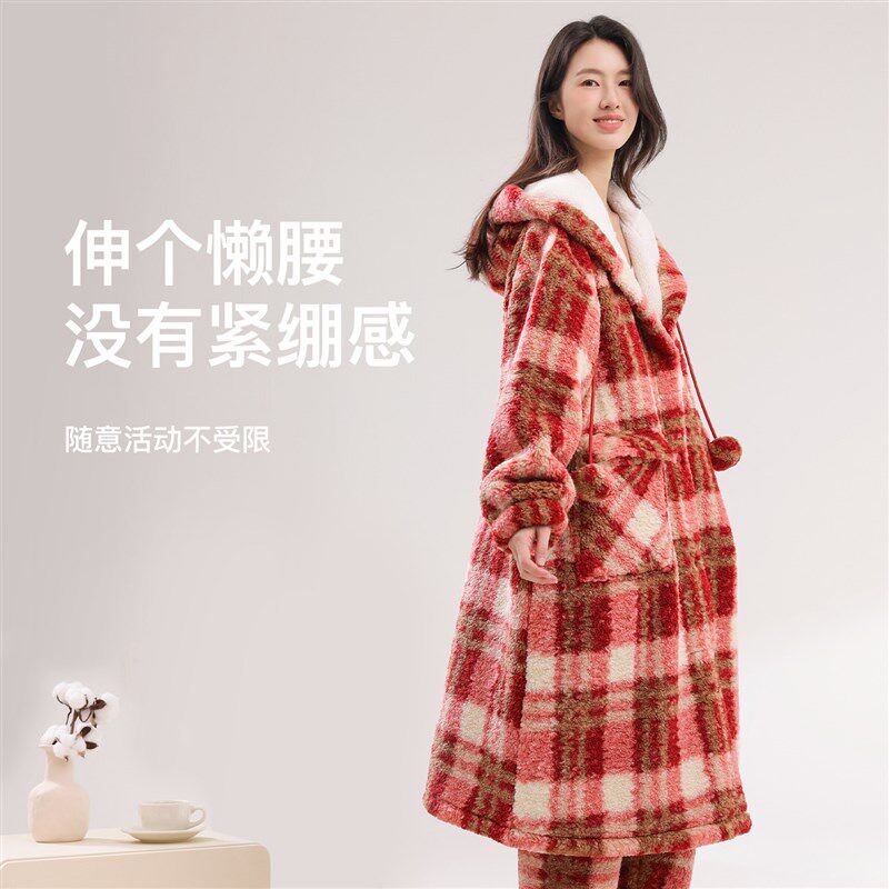 睡衣女格子c长款睡袍女秋冬季加厚保暖珊瑚绒可外穿开衫外套家居