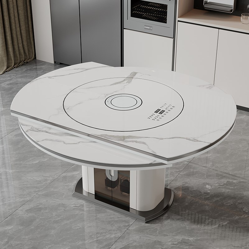 岩板圆形餐桌椅组合2024新款多功能可伸缩餐O桌家用电磁炉暖菜转