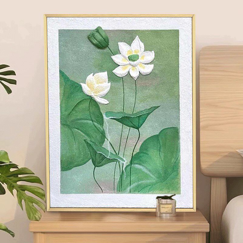 好运莲莲蓬国风肌理画石英砂diy数字油画手工填色U材料荷花装饰画