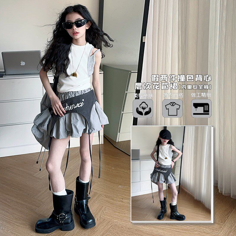 女童爵士舞d夏装2025新款假两件背心层次花苞裙走秀潮模特亲子拍