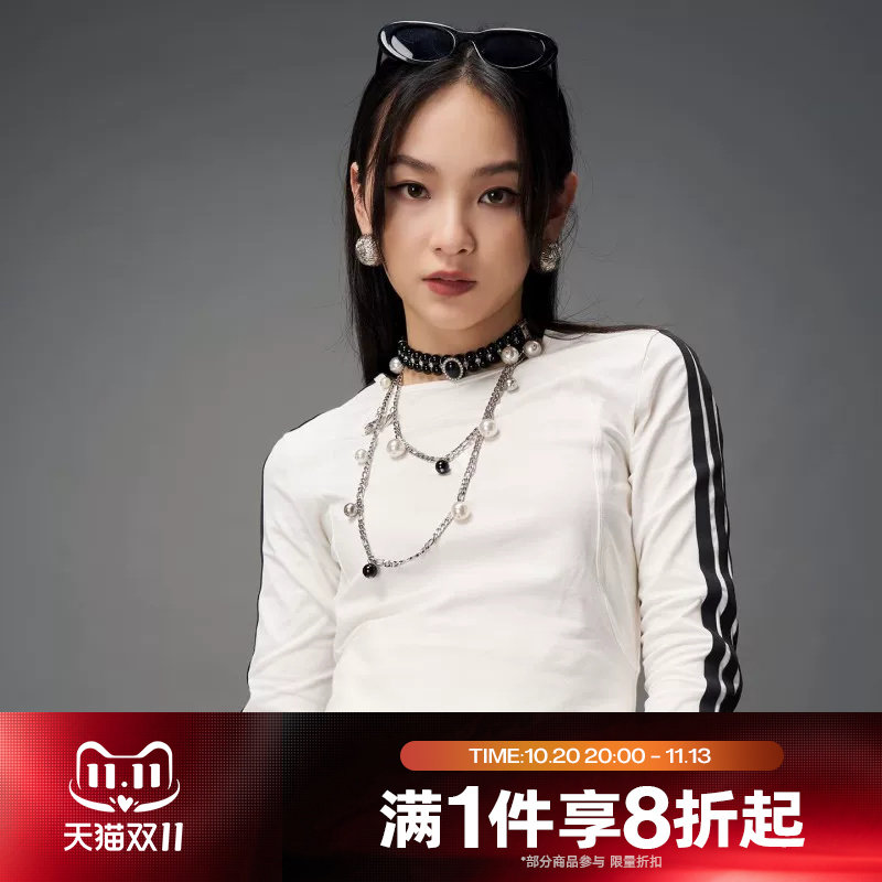 滔搏adidas阿迪达斯女子修身可拆卸蝴蝶结圆领长袖T恤KG3861