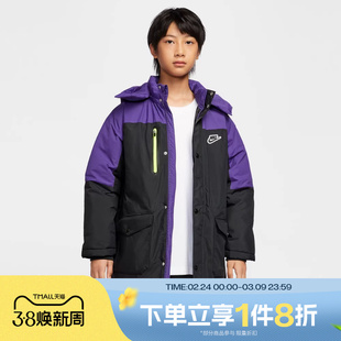 滔搏NIKE耐克男大童休闲保暖中长款连帽羽绒外套NY2542014GS-002