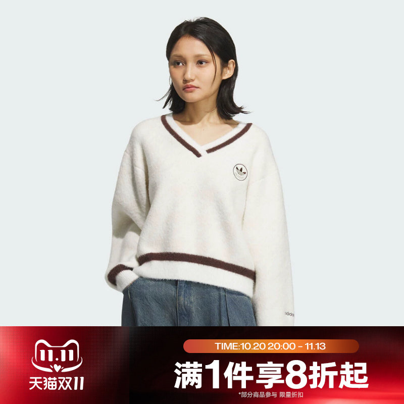 滔搏adidas阿迪达斯三叶草女子V领针织衫毛衣套头衫KC2687