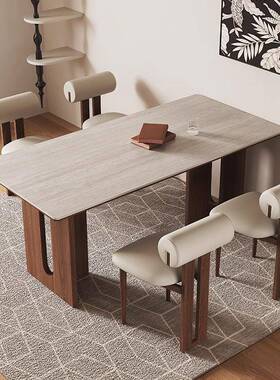 古风洞岩板餐桌家用小户型NCT饭桌黑复胡桃形木餐桌椅组合长石方