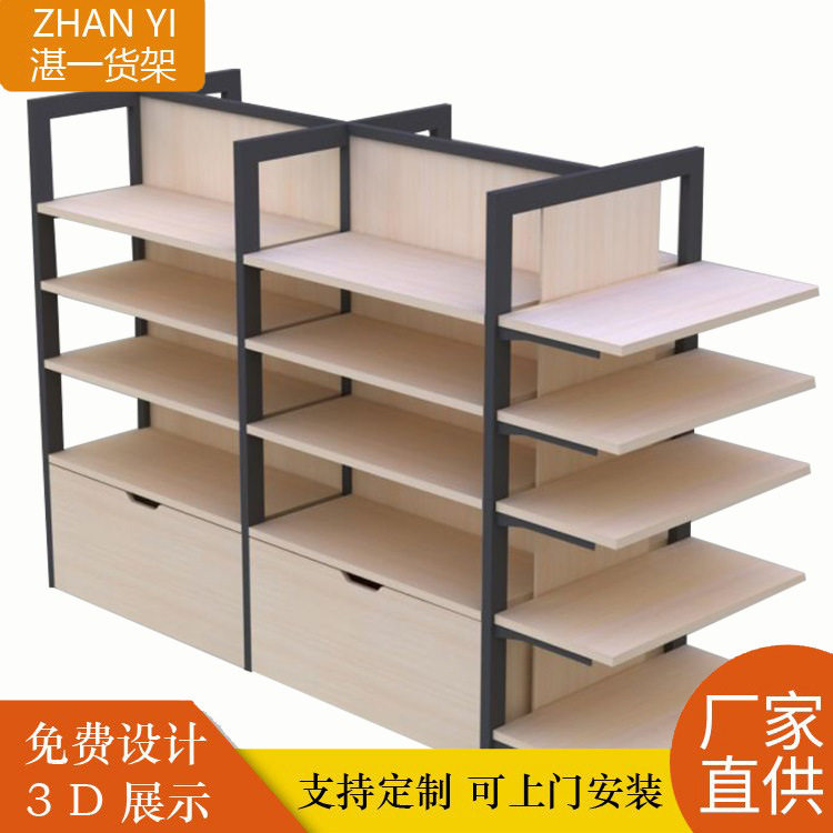 二十年经验老店专业布局设计商超钢木货架带底柜灯箱精品展架图片