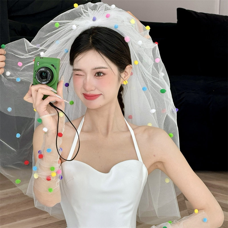 毛球手工头纱手套生日拍照派对婚礼领证多巴胺少女装饰拍照道具