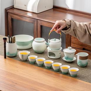 家用办公室陶瓷轻奢提梁侧把壶盖碗茶杯整套 绿水青山功夫茶具套装