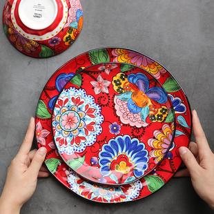 手绘创意结婚大红色中式 个性 传统陶瓷餐具家用菜盘子碗网红西餐盘