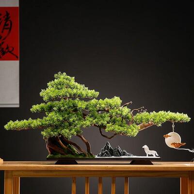 中式客厅盆景仿真迎客松绿植造景摆件办公室室内盆栽玄关桌面装饰