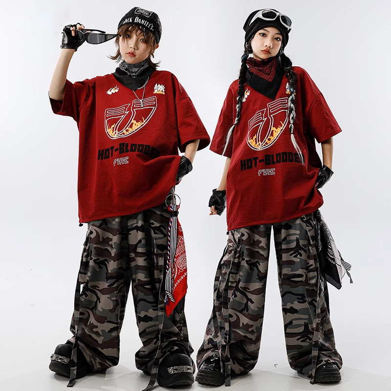 少儿街舞套装男童嘻哈短袖迷彩裤儿童炸街潮服女童hiphop演出服装