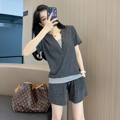 2026春款套装两件套长袖女运动休闲通勤慵懒时尚百搭短袖套装LL