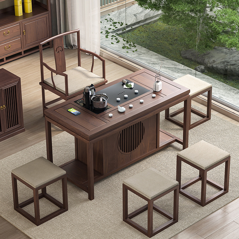 黑胡桃木阳台茶桌椅组合新中式家用小茶台客厅办公实木小户型茶几