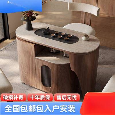 2025新款阳台家用岩板泡茶桌轻奢小户型可移动茶台实木胡桃木茶车