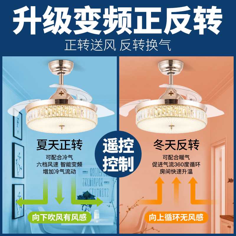 隐形水晶吊扇灯客厅餐厅电风扇隐形扇简约现代风扇灯带led的吊灯