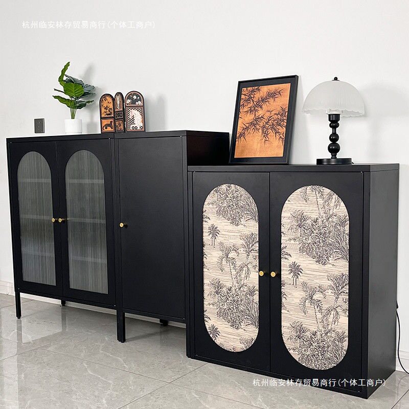 中古风铁皮柜铁艺餐边柜客厅茶水酒柜复古玄关置物柜家具黑色柜子