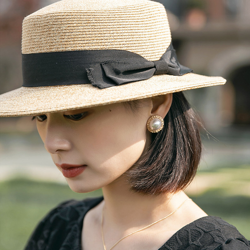 平檐草帽女夏季遮阳帽日系百搭时尚防晒帽子网红平顶太阳帽可折叠