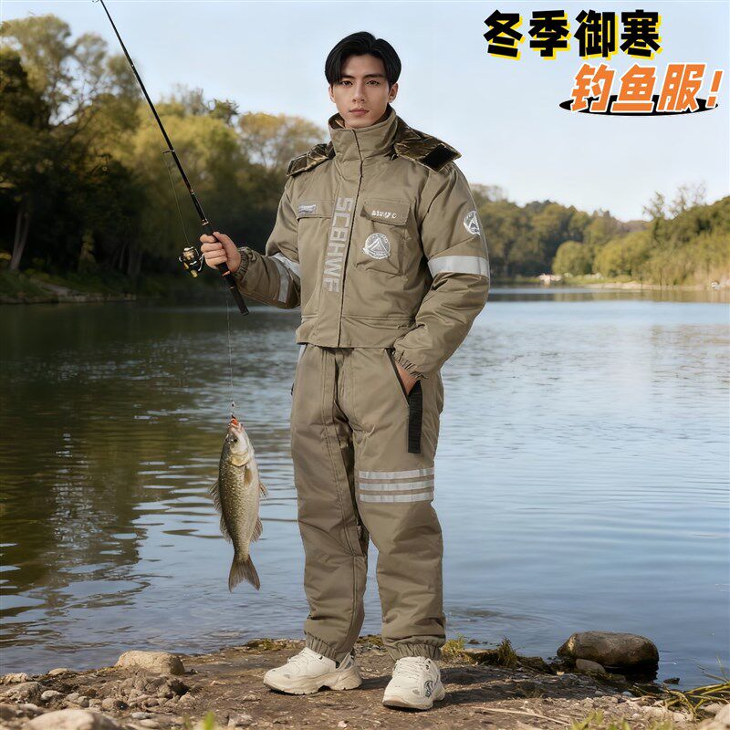 冬钓连体钓鱼服男锚鱼冰钓海钓连体棉服防水夜钓冷库石墨烯防寒衣