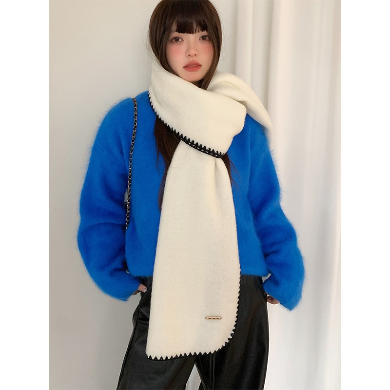高级感含羊毛白色百搭针织围巾女秋冬韩系氛围感锁边围脖保暖披肩