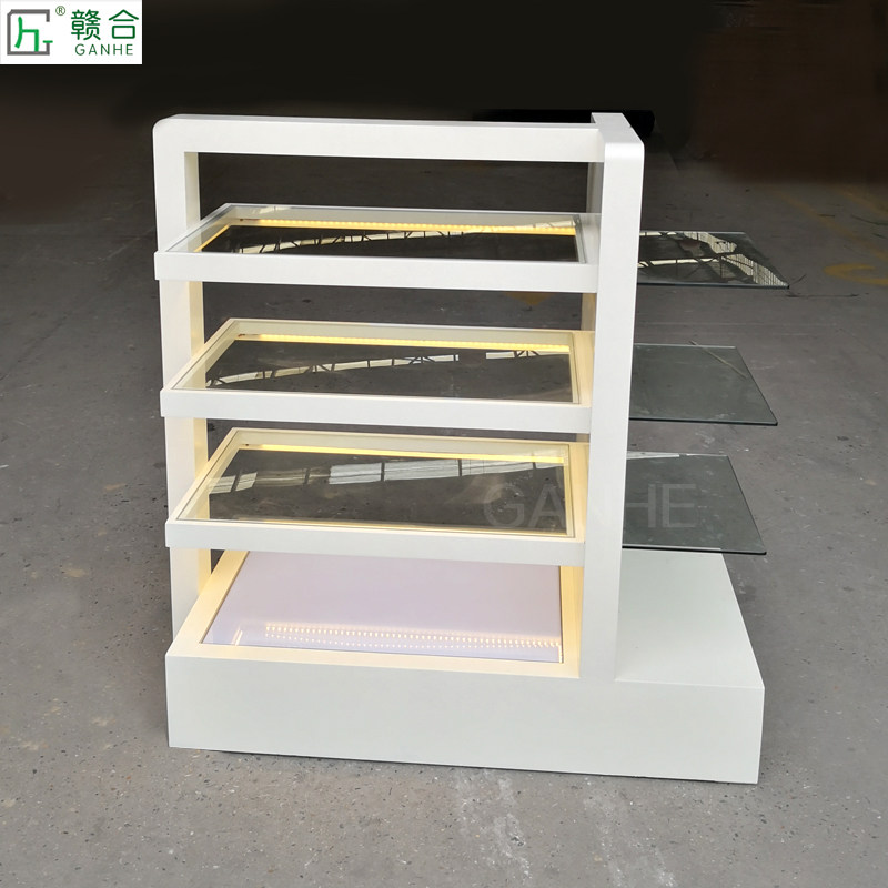 展示中岛玻璃烤漆展柜化妆品饰品展示柜精品展柜带灯柜子商场展架