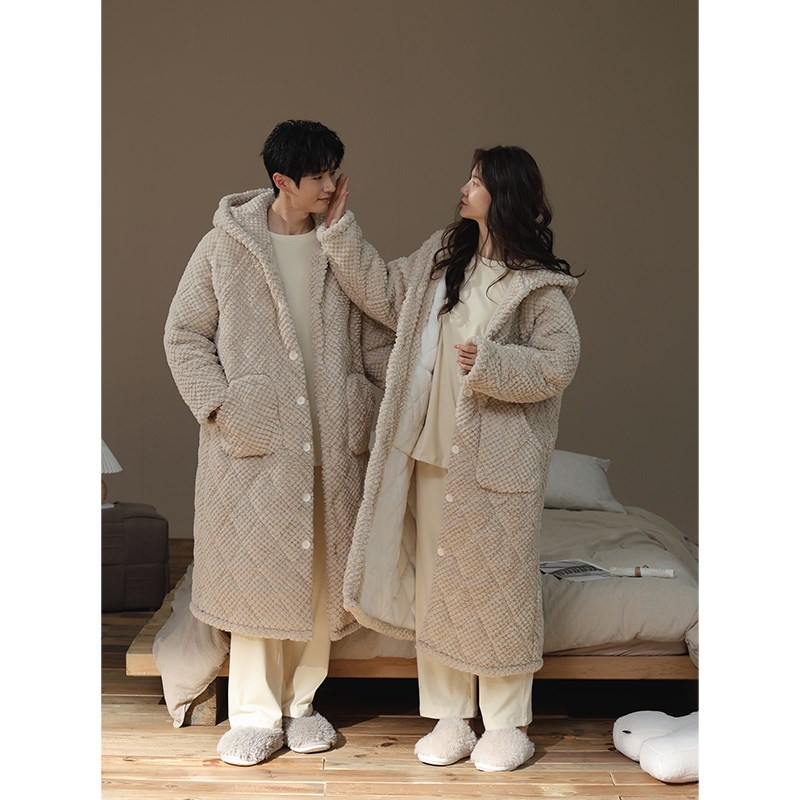 【超厚】三层夹棉情侣睡袍冬季男女珊瑚绒加厚保暖连帽浴袍家居服
