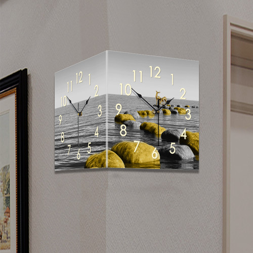 现代新中式客厅装饰画拐角钟转角壁灯双面挂钟创意时钟画餐厅壁画