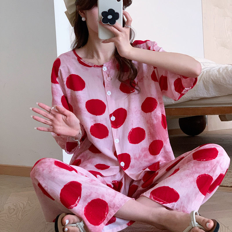 棉绸睡衣女春夏短袖长裤绵绸家居服中袖人造棉套装小个子大码可爱