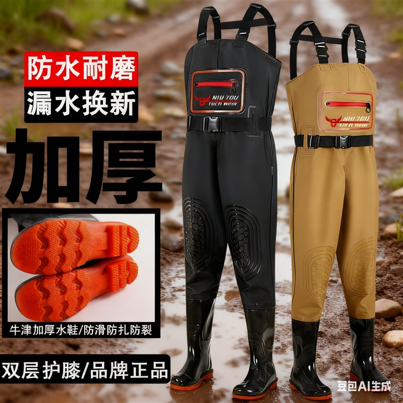 下水裤半身防水衣服雨裤雨鞋皮叉裤抓鱼全身男连身水鞋加厚下半身