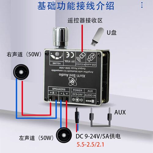 HIFI级50W+50W立体声蓝牙数字功放板模块双声道带遥控器Y50L