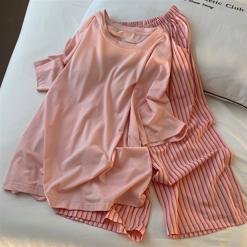 睡衣女春秋季莫代尔人棉大码七分裤带胸垫粉色休闲套装夏天家居服