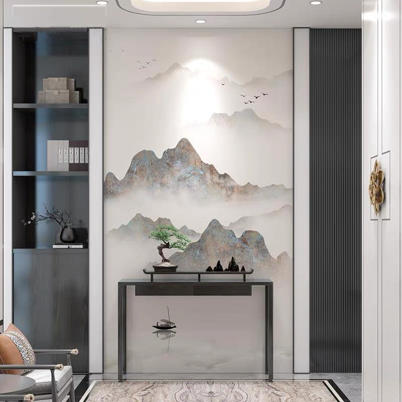 岩板玄关背景墙入户墙瓷砖微晶石大理石过道石材壁画新中式山水画