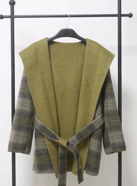 秋冬新款毛呢外套女秋冬格子异色连帽系带宽松斗篷双面羊毛大衣