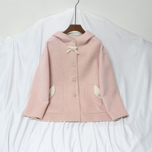 小蝴蝶结2025秋冬新款双面呢大衣女中长款连帽宽松毛呢外套