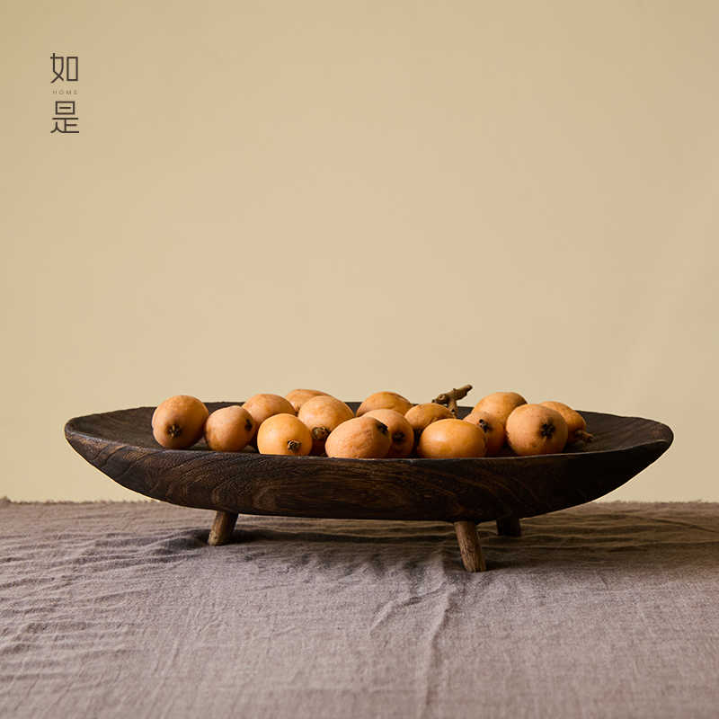 如是/复古侘寂风实木果盘水果托盘装饰手工做旧家居民宿摆件
