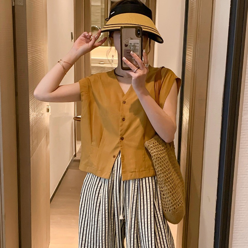 黄色无袖V领衬衫女夏季新款韩系时尚休闲百搭上衣女士2025新款潮