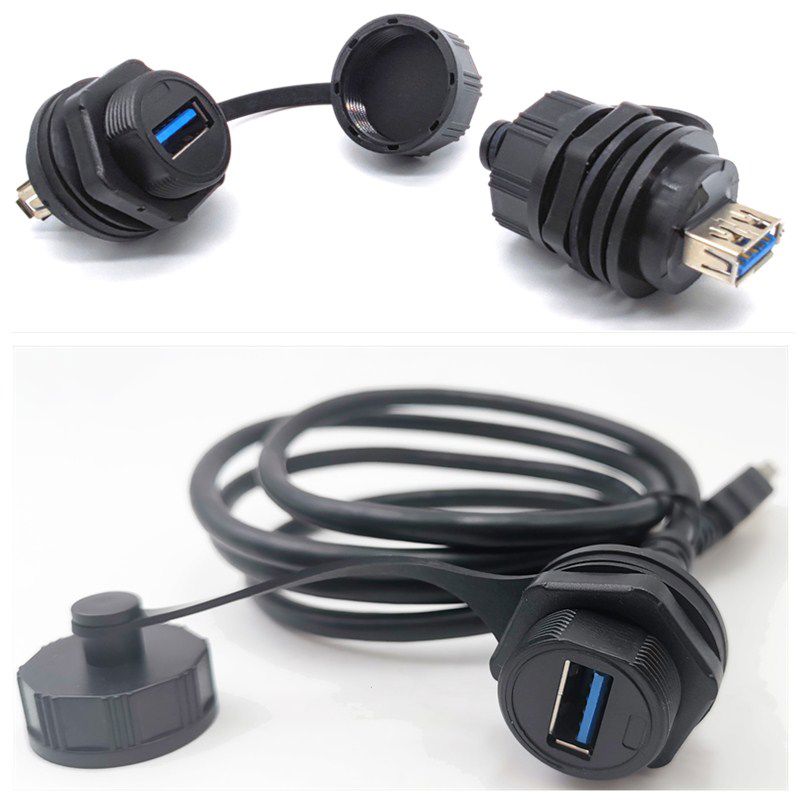 细牙20双母USB面板固定插座 IP67防水数据信号线公头母座连接器