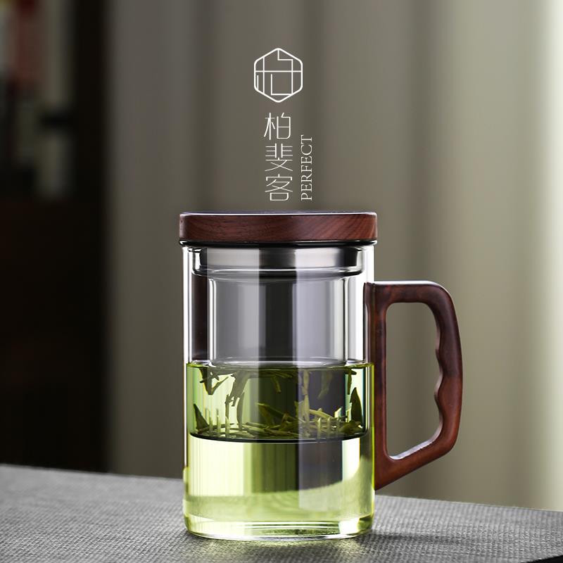 玻璃功夫茶艺杯耐高温茶水分离泡茶杯过滤办公室喝水杯木把茶