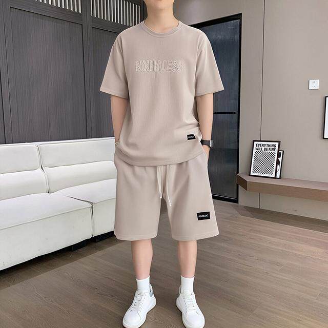 夏季短裤短袖潮流速干半袖夏装字母钢印圆领T恤休闲运动套装男士