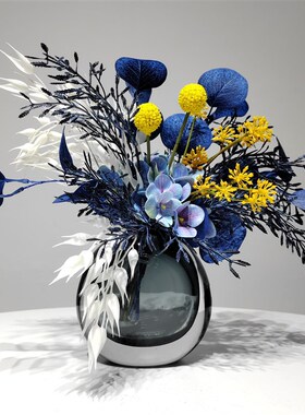现代蓝色仿真花艺玻璃花瓶样板房客厅餐桌茶几售楼处轻奢装饰摆件
