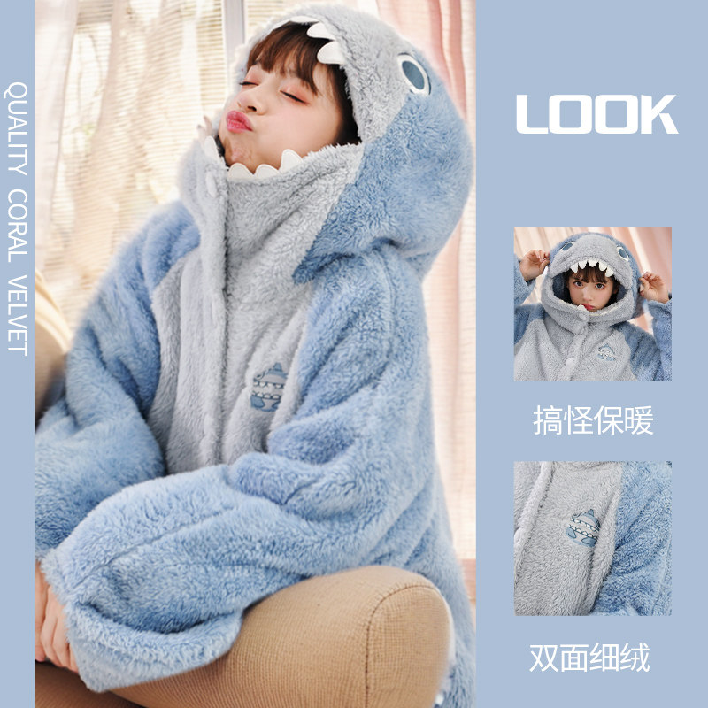 珊瑚绒睡袍女生2024秋冬季新款家居服情侣男搞怪加绒加厚鲨鱼睡衣