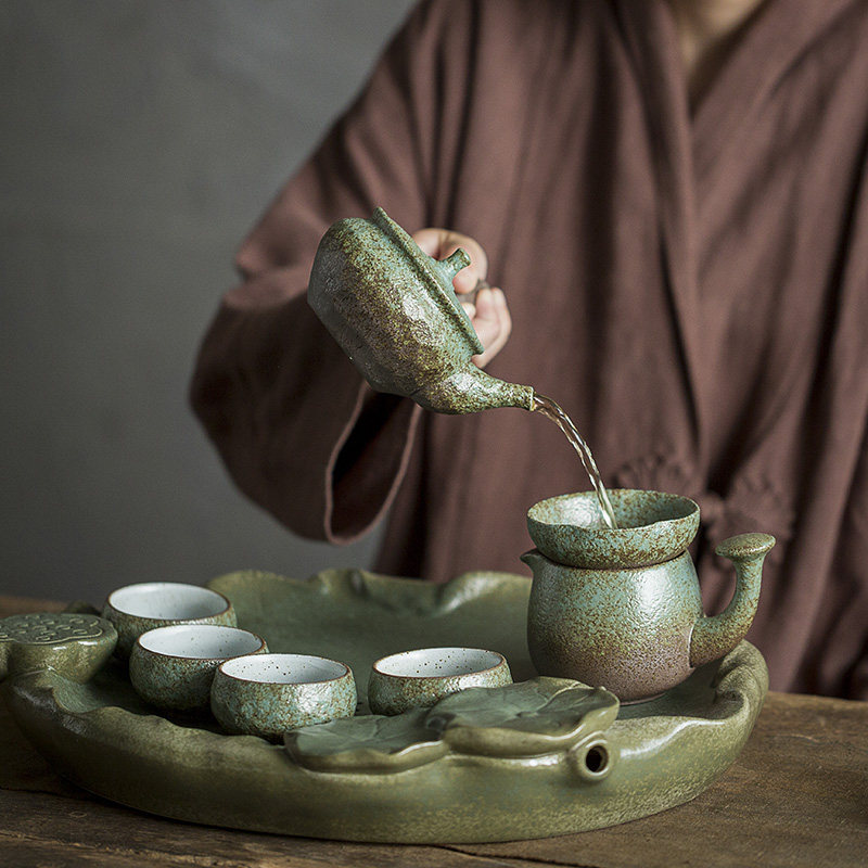 德化中式荷叶莲蓬茶台功夫茶具套装简约家用陶瓷茶盘中秋节送礼