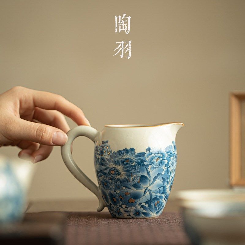 汝窑万花公道杯茶漏套装过滤网茶滤网滤杯茶具一体茶滤陶瓷公杯