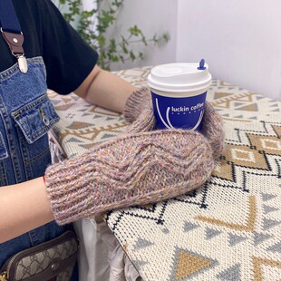 日系加绒加厚羊毛毛线手套秋冬季韩版女休闲可爱针织防寒保暖包套