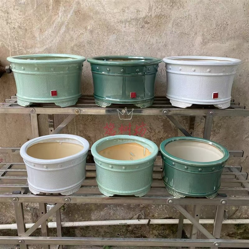 圆形豉丁盆绿色白色冰裂纹复古简约小号大号新石湾陶瓷景盆花盆