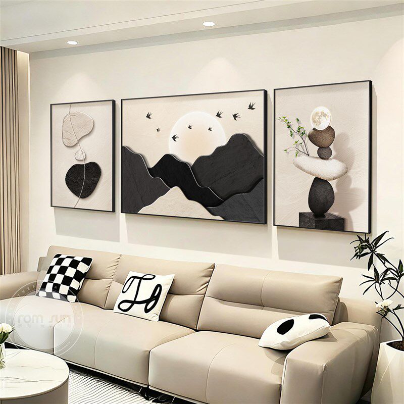 高级黑白灰客厅装饰画石来运转餐厅三联画现代抽象沙发背景墙挂画