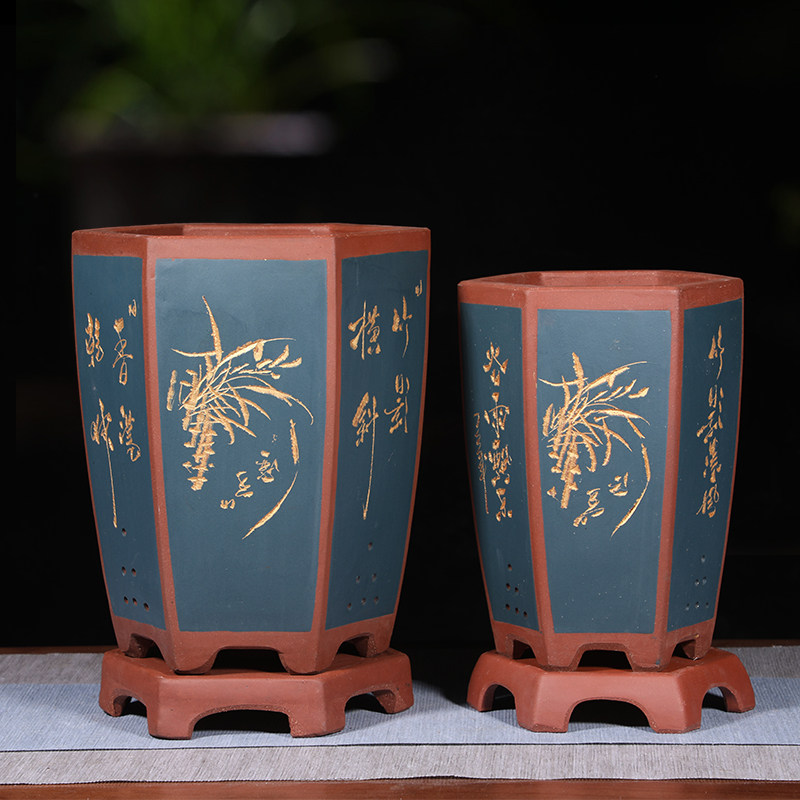 宜兴紫砂兰花盆六方形高盆蕙兰春兰专用精品兰草花盆清仓带底座