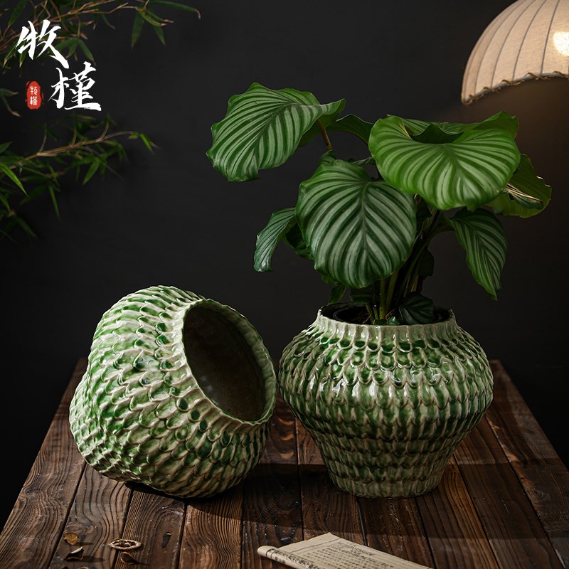 景德镇陶瓷花盆新中式家用客厅绿植专用大号口径手工陶罐绿色花器